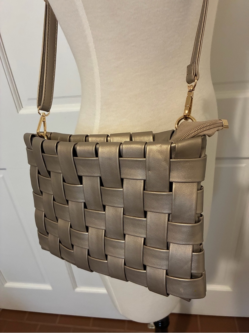 Anthropologie Metallic Taupe Woven Crossbody Clutch